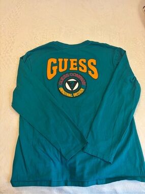 GUESS Teal Long Sleeve Tee with Bold Orange Logo